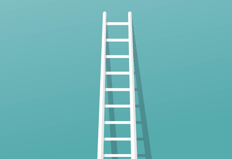 White ladder leaning against a plain blue wall.