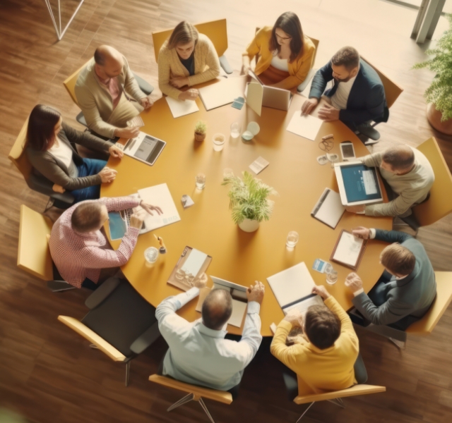 People sitting around a round table with laptops and tablets.