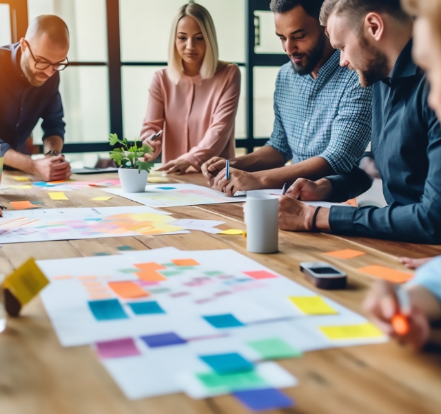 People sitting around a wooden table with papers and sticky notes on the surface.